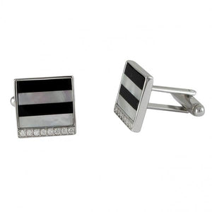 DLF Sterling Silver (bottom is brass) Black And White Mother Of Pearl Stripe Cufflink With CZ