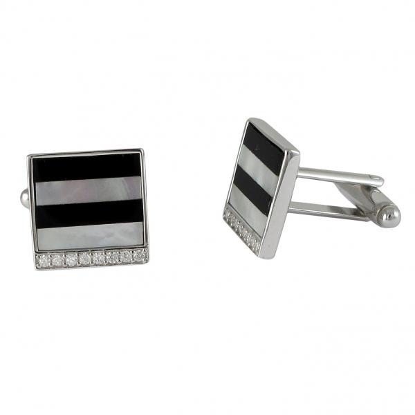 DLF Sterling Silver (bottom is brass) Black And White Mother Of Pearl Stripe Cufflink With CZ