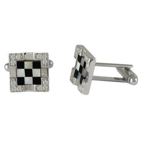 DLF Sterling Silver (bottom is brass) Black And White Mother Of Pearl Checkerboard Cufflink With CZ