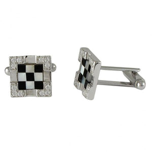 DLF Sterling Silver (bottom is brass) Black And White Mother Of Pearl Checkerboard Cufflink With CZ