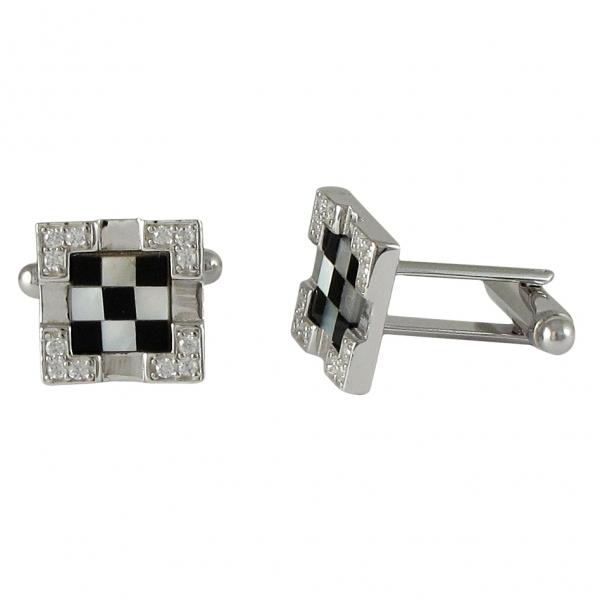 DLF Sterling Silver (bottom is brass) Black And White Mother Of Pearl Checkerboard Cufflink With CZ