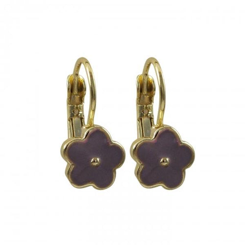 DLF Lavender Enamel Flower On Gold Plated Brass Leverback Earrings W18