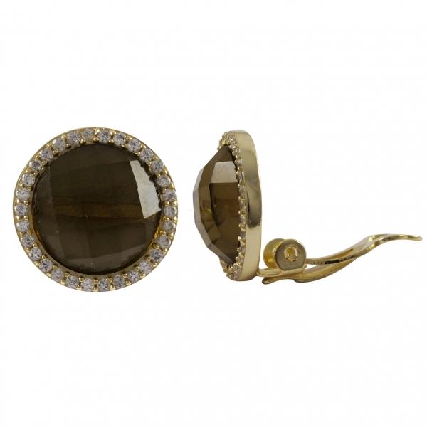 DLF Smoky Quartz Semi Precious Faceted Stone, Set In Gold Tone Sterling Silver With Border, 15mm Round Stud Clip Gold/Smoky Quartz Earrings