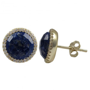 DLF Lapis Semi Precious Faceted Stone With Border, Gold Plated Sterling Silver, 11.5mm Round Circle Post Stud Gold/Lapis Earrings