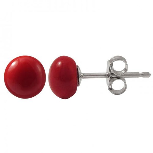 DLF Red 6mm Flat Coin Shell Pearl On Rhodium Plated Sterling Silver Post Stud Red/Silver Earrings