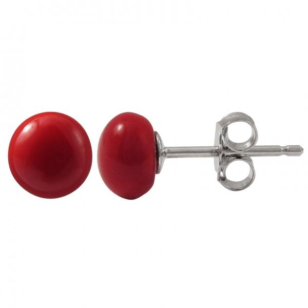 DLF Red 6mm Flat Coin Shell Pearl On Rhodium Plated Sterling Silver Post Stud Red/Silver Earrings