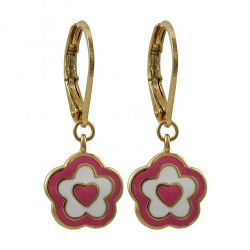 DLF Hot Pink And White Enamel Flower/Heart-Gold Plated Brass Lever Back Earrings W18