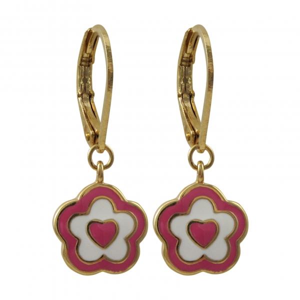 DLF Hot Pink And White Enamel Flower/Heart-Gold Plated Brass Lever Back Earrings W18