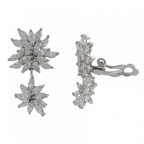 DLF Sterling Silver Double Flower Cluster Clip On Silver/White Earrings W18