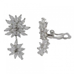 DLF Sterling Silver Double Flower Cluster Clip On Silver/White Earrings W18