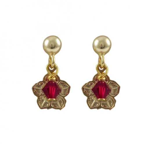 DLF Gold Filled Post Earrings With Gold Filled Flower And Garnet 4mm Swarovski Bead W18