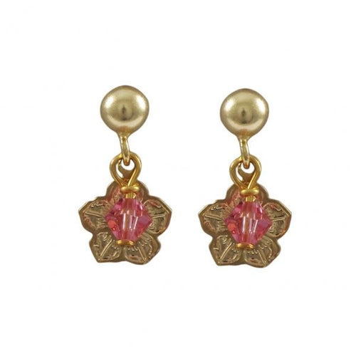 DLF Gold Filled Post Earrings With Gold Filled Flower And Pink 4mm Swarovski Bead W18