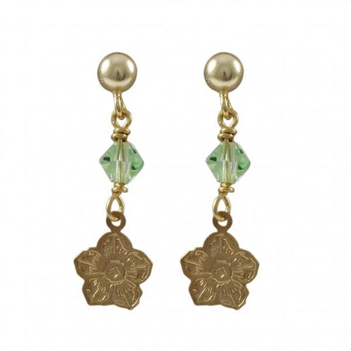 DLF Gold Filled Post Earrings With Apple Green 4mm Swarovski Bead And Gold Filled Flower Hanging W18