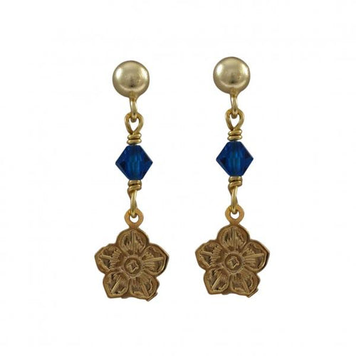 DLF Gold Filled Post Earrings With Capri Blue 4mm Swarovski Bead And Gold Filled Flower Hanging W18