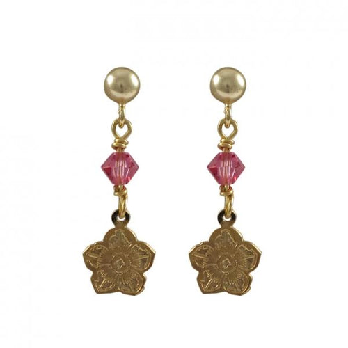 DLF Gold Filled Post Earrings With Hot Pink 4mm Swarovski Bead And Gold Filled Flower Hanging W18
