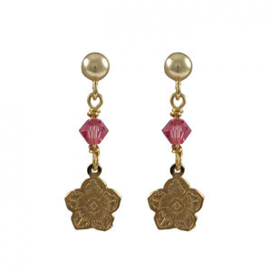 DLF Gold Filled Post Earrings With Hot Pink 4mm Swarovski Bead And Gold Filled Flower Hanging W18