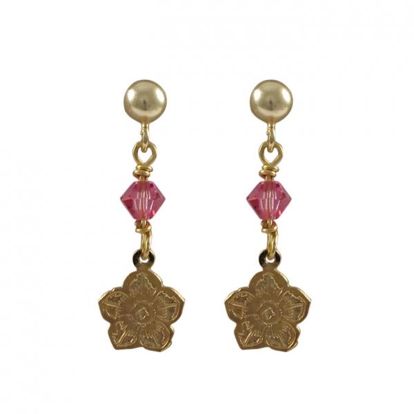 DLF Gold Filled Post Earrings With Hot Pink 4mm Swarovski Bead And Gold Filled Flower Hanging W18