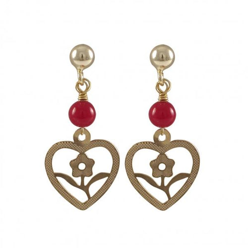 DLF Gold Plated Brass Flower In Open Heart With Red 4mm Ball, Gold Plated Sterling Silver Ball Post Earrings W18