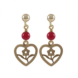 DLF Gold Plated Brass Flower In Open Heart With Red 4mm Ball, Gold Plated Sterling Silver Ball Post Earrings W18