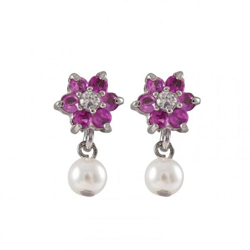DLF Sterling Silver Ruby White Flower Post Earrings W18
