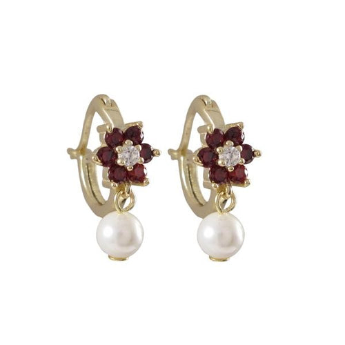 DLF Ruby Flower On Gold Plated Sterling Silver Huggie Earrings, With 4mm White Pearl W18