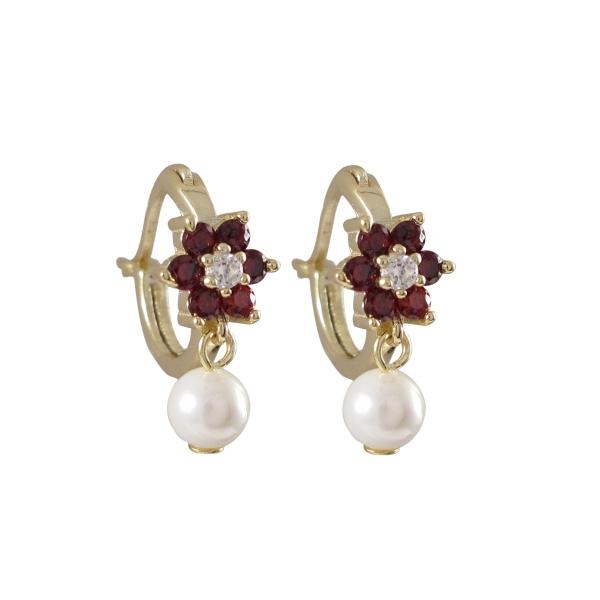 DLF Ruby Flower On Gold Plated Sterling Silver Huggie Earrings, With 4mm White Pearl W18