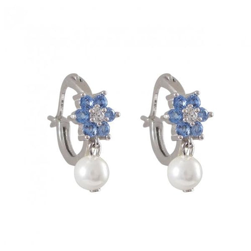 DLF Blue Flower On Rhodium Plated Sterling Silver Huggie Earrings, With 4mm White Pearl W18