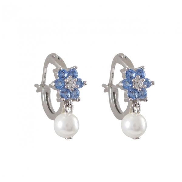 DLF Blue Flower On Rhodium Plated Sterling Silver Huggie Earrings, With 4mm White Pearl W18