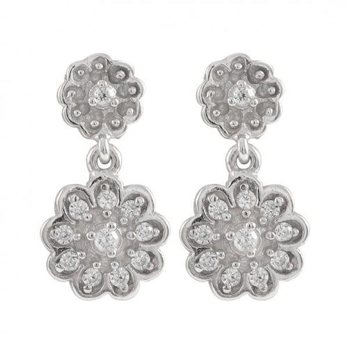 DLF Double Flower Rhodium Plated Sterling Silver/White  Post Earrings W18