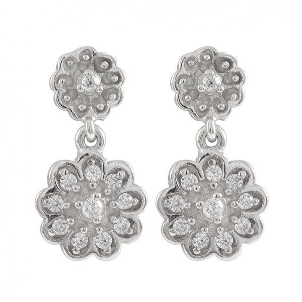 DLF Double Flower Rhodium Plated Sterling Silver/White  Post Earrings W18