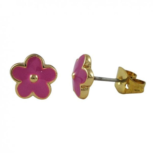 DLF Hot Pink Enamel Flower On Gold Plated Brass Post Earrings W18