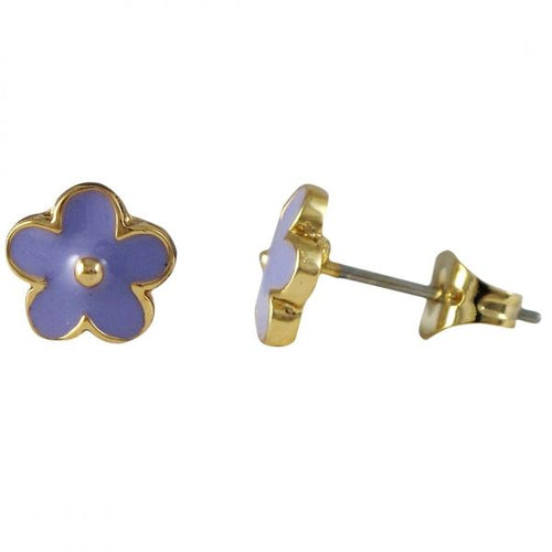 DLF Lavender Enamel Flower On Gold Plated Brass Post Earrings W18