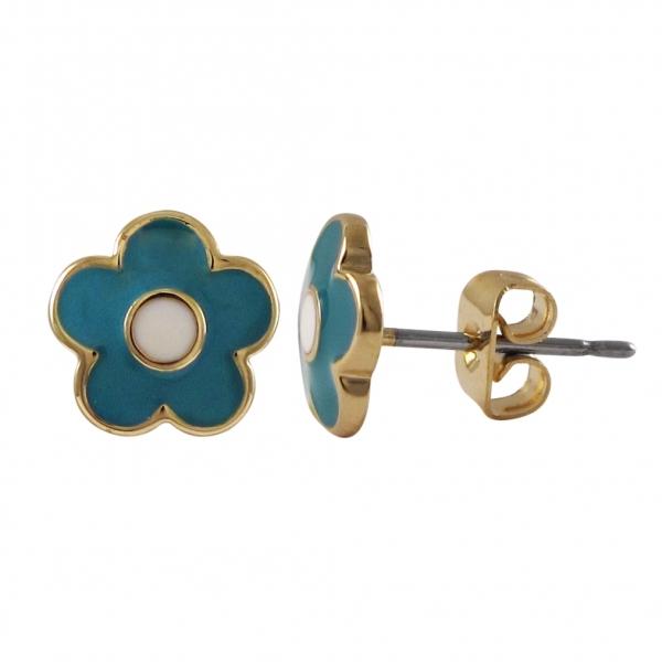 DLF Turquoise/White Center, Flower, Gold Brass Post Earrings W18