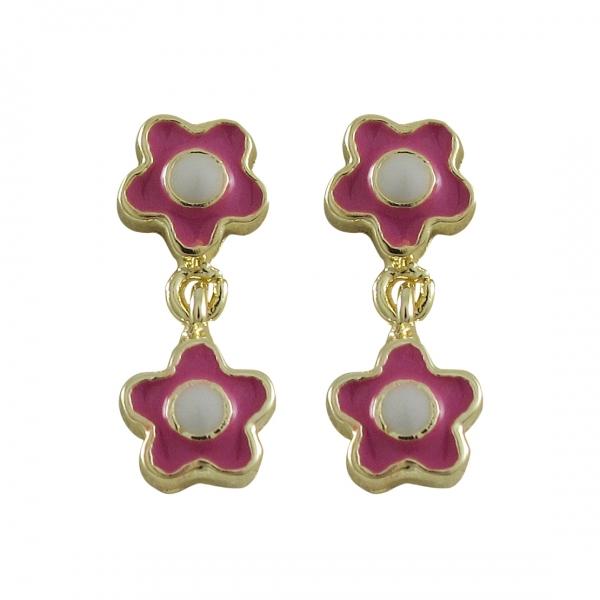 DLF Hot Pink & White Enamel Double Flower, Gold Plated Brass Earrings W18