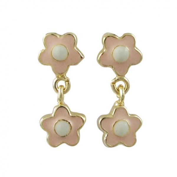 DLF Pink & White Enamel Double Flower, Gold Tone Brass-Sterling Silver Post Earrings W18
