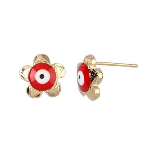 DLF Red Evil Eye, Gold Flower Post Brass White Earrings W18