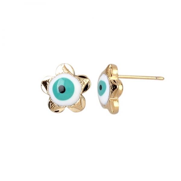 DLF Green Evil Eye, Gold White Flower Post Brass Earrings W18