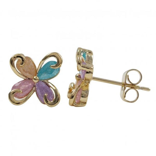DLF Gold Electro Plated Brass, Multi Color Glitter Stones, Flower Swirl Post Stud Earrings Plated Brass, Multi Color Glitter Stones, Flower Swirl Post Stud Earrings W18