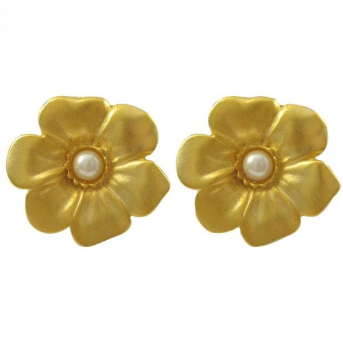 DLF Gold Pearl Flower Post White Earrings W17
