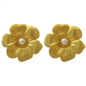 DLF Gold Pearl Flower Post White Earrings W17