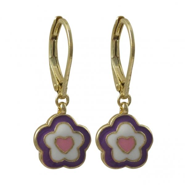 DLF Purple, White, And Pink Enamel Flower/Heart-Gold Tone Brass Lever Back Earrings W18