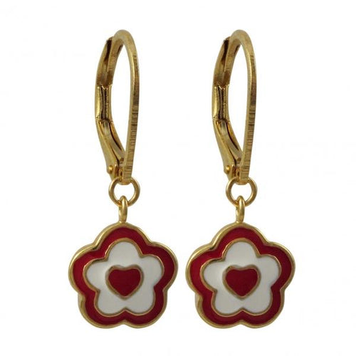 DLF Red And White Enamel Flower/Heart-Gold Plated Brass Lever Back Earrings W18