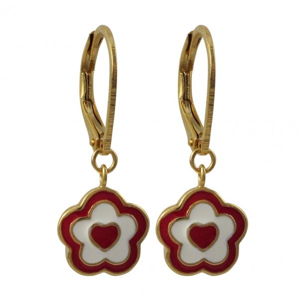 DLF Red And White Enamel Flower/Heart-Gold Plated Brass Lever Back Earrings W18