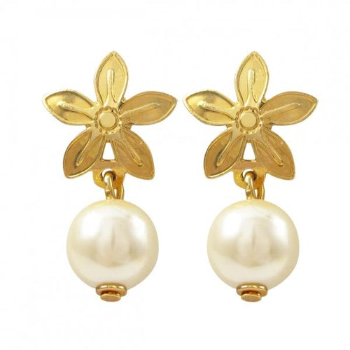 DLF Gold-White Filled Flower with Hanging Pearl Earring W18