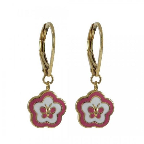 DLF Hot Pink And White Enamel Flower/Butterfly-Gold Plated Brass Lever Back Earrings W18