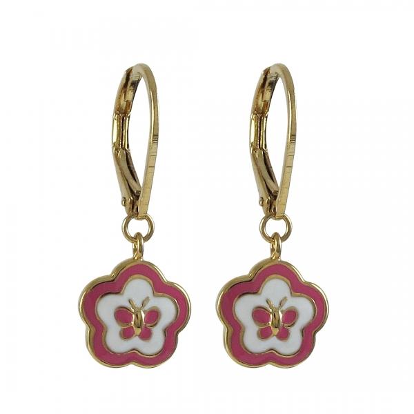 DLF Hot Pink And White Enamel Flower/Butterfly-Gold Plated Brass Lever Back Earrings W18