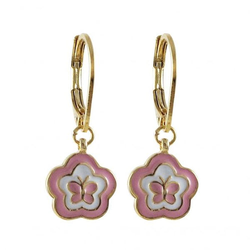 DLF Light Pink And White Enamel Flower/Butterfly-Gold Tone Brass Lever Back Earrings W18