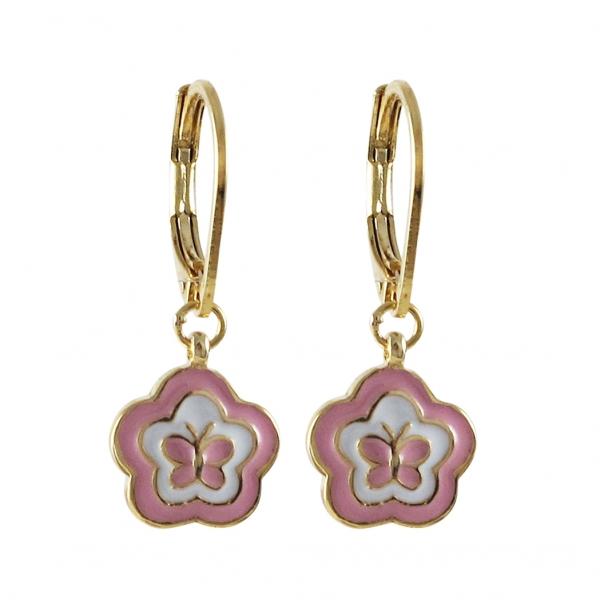 DLF Light Pink And White Enamel Flower/Butterfly-Gold Tone Brass Lever Back Earrings W18