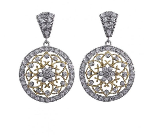 DLF Sterling Silver-White-Gold Two Tone Circle Post Earrings With Flower Filigree Design W17