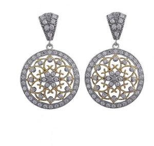 DLF Sterling Silver-White-Gold Two Tone Circle Post Earrings With Flower Filigree Design W17